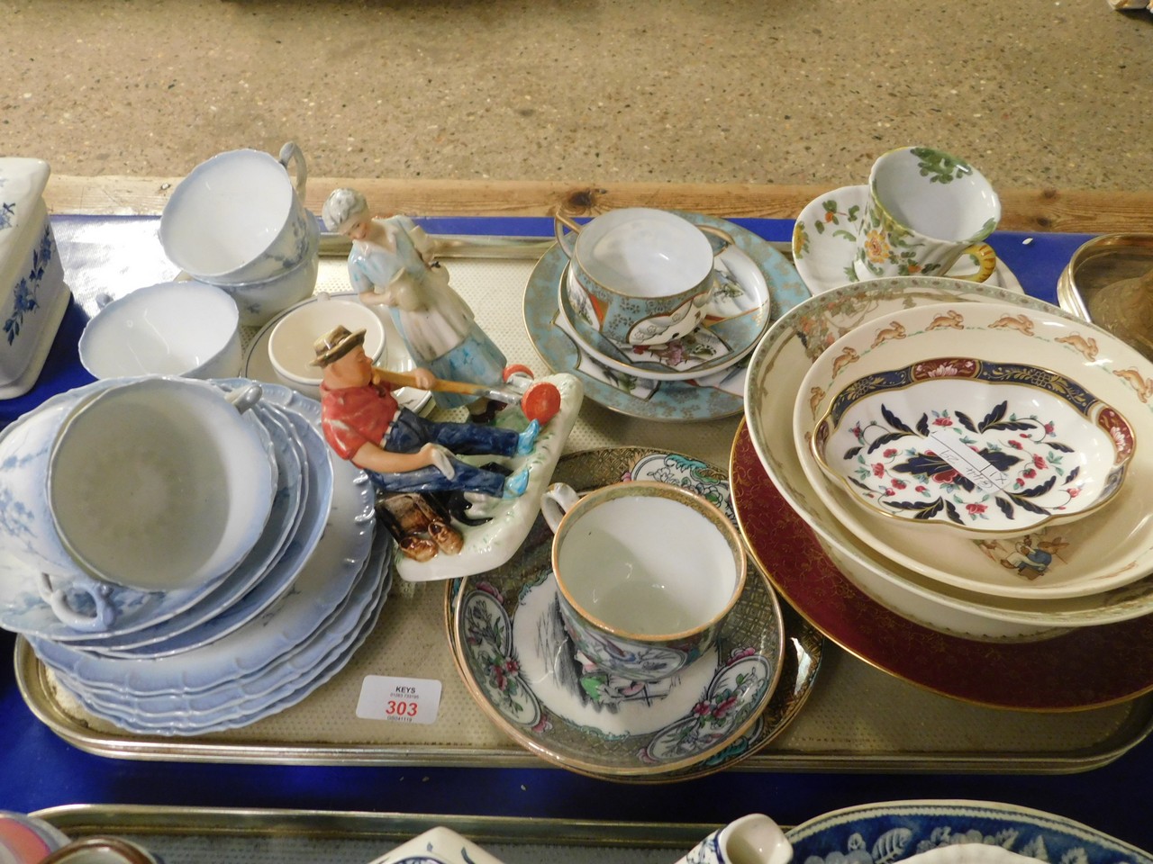 TRAY CONTAINING A GOEBEL FIGURE OF A LADY AND GENT, MIXED TEA WARES ETC