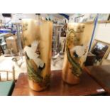 PAIR OF MODERN ORIENTAL GILDED AND CRANE DECORATED VASES OR STICK STANDS