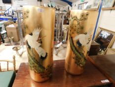 PAIR OF MODERN ORIENTAL GILDED AND CRANE DECORATED VASES OR STICK STANDS