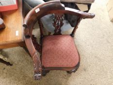 GOOD QUALITY MAHOGANY CARVED CORNER CHAIR WITH SHAPED FRONT ON THREE CLAW AND BALL FEET AND AN X-