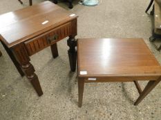 MAHOGANY RECTANGULAR SIDE TABLE ON AN H-STRETCHER TOGETHER WITH A FURTHER SINGLE DRAWER SIDE TABLE