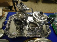SILVER PLATED FOUR PIECE TEA SERVICE AND TWO HANDLED TRAY