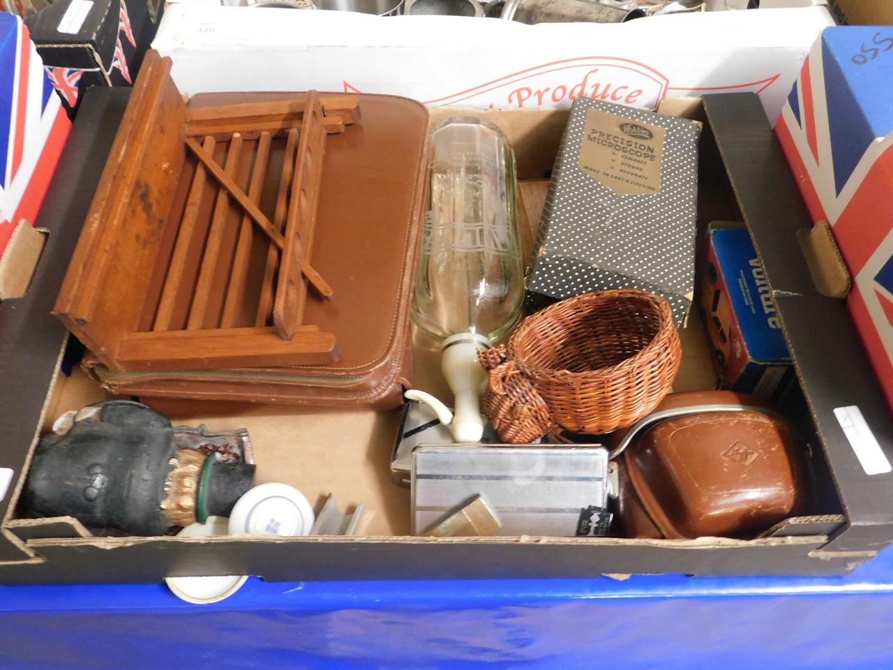 BOX CONTAINING SODA SIPHON, PIPE STAND, SMALL MICROSCOPE ETC
