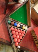 BURROUGHES & WATTS LTD TRIANGULAR MAHOGANY CASED SET OF SNOOKER BALLS