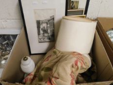 BOX CONTAINING AN ONYX LAMP, MIXED FABRIC, PICTURES, PRINTS ETC