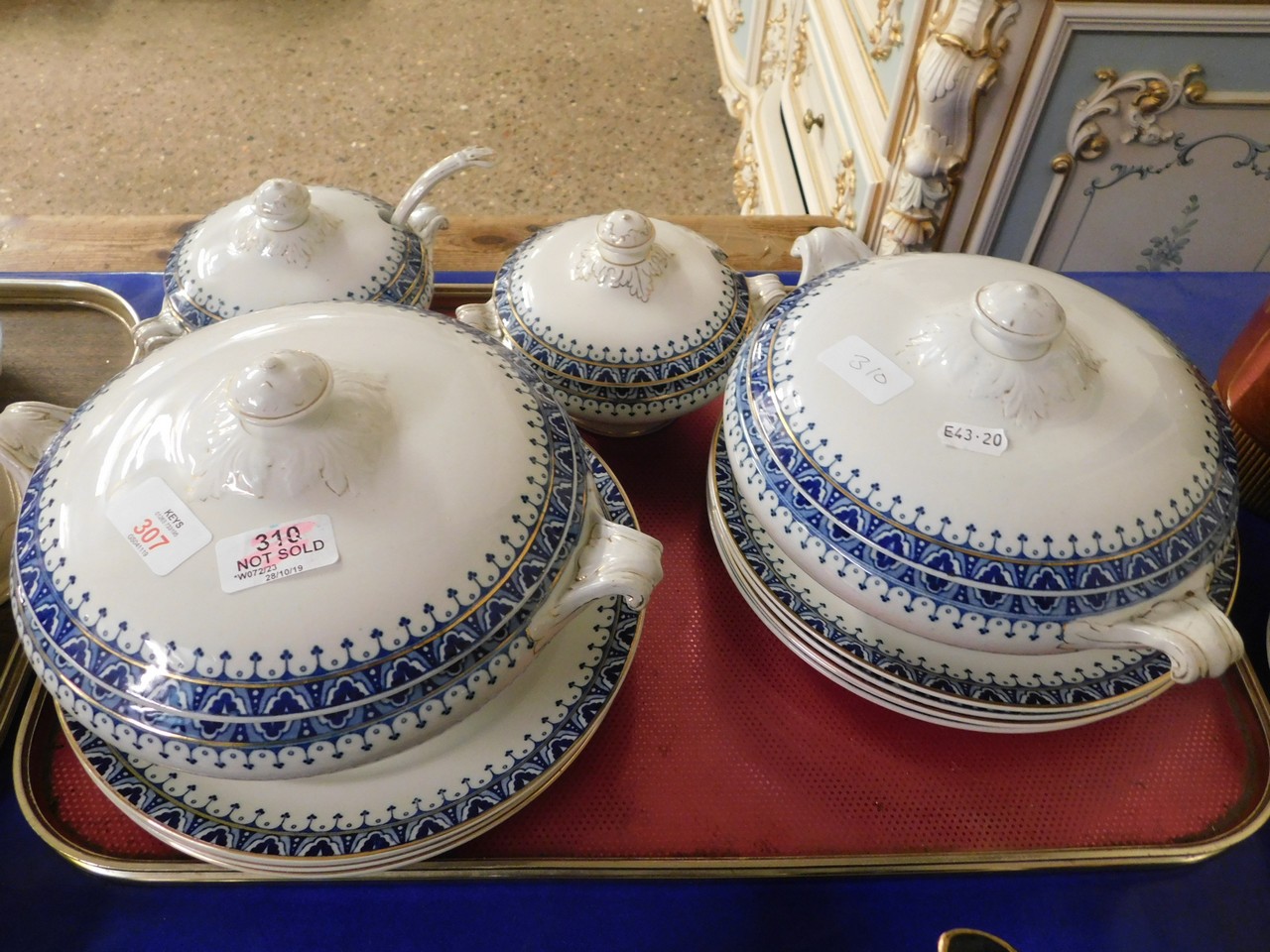 ALPHA BLUE AND GILDED PRINTED SET OF FOUR TUREENS AND DINNER PLATES