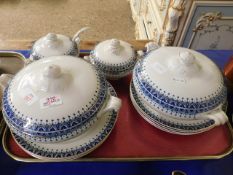 ALPHA BLUE AND GILDED PRINTED SET OF FOUR TUREENS AND DINNER PLATES