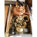 BOX CONTAINING MIXED COPPER, BRASS WARES, SPELTER FIGURE ETC