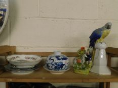 STAFFORDSHIRE FLAT BACK GROUP, A FURTHER MODEL OF A MACAW, DECORATIVE PLATES ETC