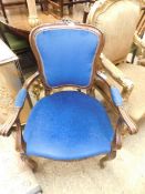 REPRODUCTION FRENCH WALNUT LOUIS XV STYLE ARMCHAIR WITH BLUE DRALON UPHOLSTERY AND CABRIOLE FRONT