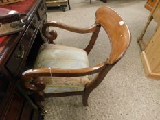 19TH CENTURY MAHOGANY SCROLL ARMCHAIR WITH STRIPED FLORAL UPHOLSTERED SEATS ON TURNED FRONT LEGS AND