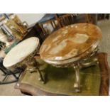PAIR OF MODERN BRASS PEDESTAL COFFEE TABLES WITH ONYX TOPS (2)