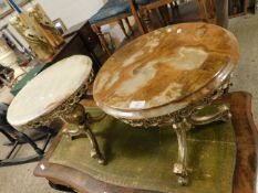 PAIR OF MODERN BRASS PEDESTAL COFFEE TABLES WITH ONYX TOPS (2)