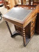 19TH CENTURY ROSEWOOD DAVENPORT WITH LEATHER INSERT TO SLOPE, GALLERY FRIEZE AND FOUR DRAWERS ON