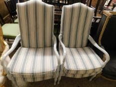 PAIR OF PAINTED ARMCHAIRS WITH CREAM AND BLUE STRIPED SEATS