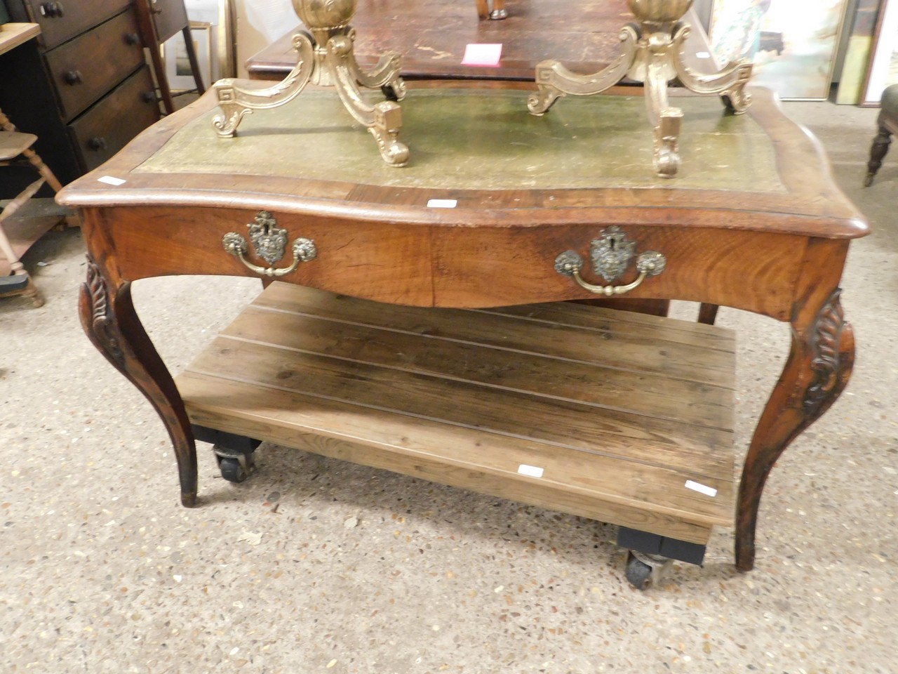 GOOD QUALITY FRENCH WALNUT DESK WITH TWO DRAWERS WITH SWING HANDLES WITH GREEN LEATHER INSERT ON