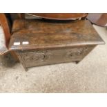 GOOD QUALITY MODERN SIX-PLANK COFFER WITH CARVED FIGURE FRONT