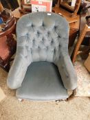 VICTORIAN MAHOGANY BLUE DRALON UPHOLSTERED BUTTON BACK NURSING CHAIR WITH PORCELAIN CASTERS