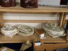 VICTORIAN GREEN PRINTED TUREENS, SIDE PLATES AND A THREE PIECE DRESSING TABLE SET