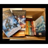 One box: modern 1st editions etc including Simon Scarrow, Lindsey Davis, Robert Fabbri etc