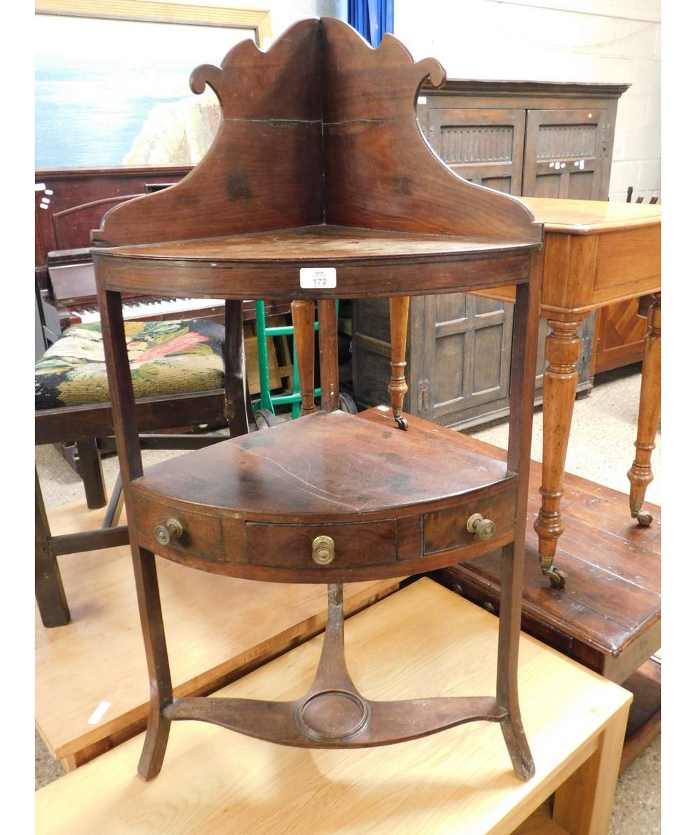 GEORGIAN MAHOGANY BOW FRONTED CORNER WASH STAND WITH SINGLE DRAWER WITH BRASS KNOB HANDLES