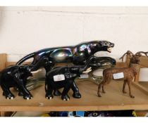 TWO EBONY ELEPHANTS, A FURTHER PLASTIC MODEL OF A DEER AND A FURTHER JENA MODEL OF A PANTHER