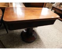 19TH CENTURY MAHOGANY FOLD OVER TEA TABLE WITH CANTED COLUMN RAISED ON A CIRCULAR FOOT