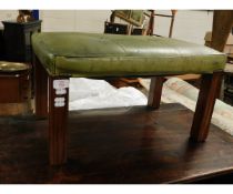 REPRODUCTION MAHOGANY FRAMED RECTANGULAR FOOT STOOL WITH GREEN LEATHER TOP ON REEDED SQUARE LEGS