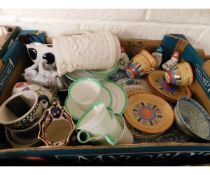 BOX CONTAINING MIXED SHELLEY GREEN RIMMED CONICAL CUPS AND SAUCERS, MIXED ORNAMENTS, SILICON WARE