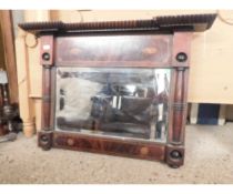 19TH CENTURY MAHOGANY OVERMANTEL MIRROR INLAID WITH SHERATON STYLE SHELL PANELS AND STYLISED FOLIATE