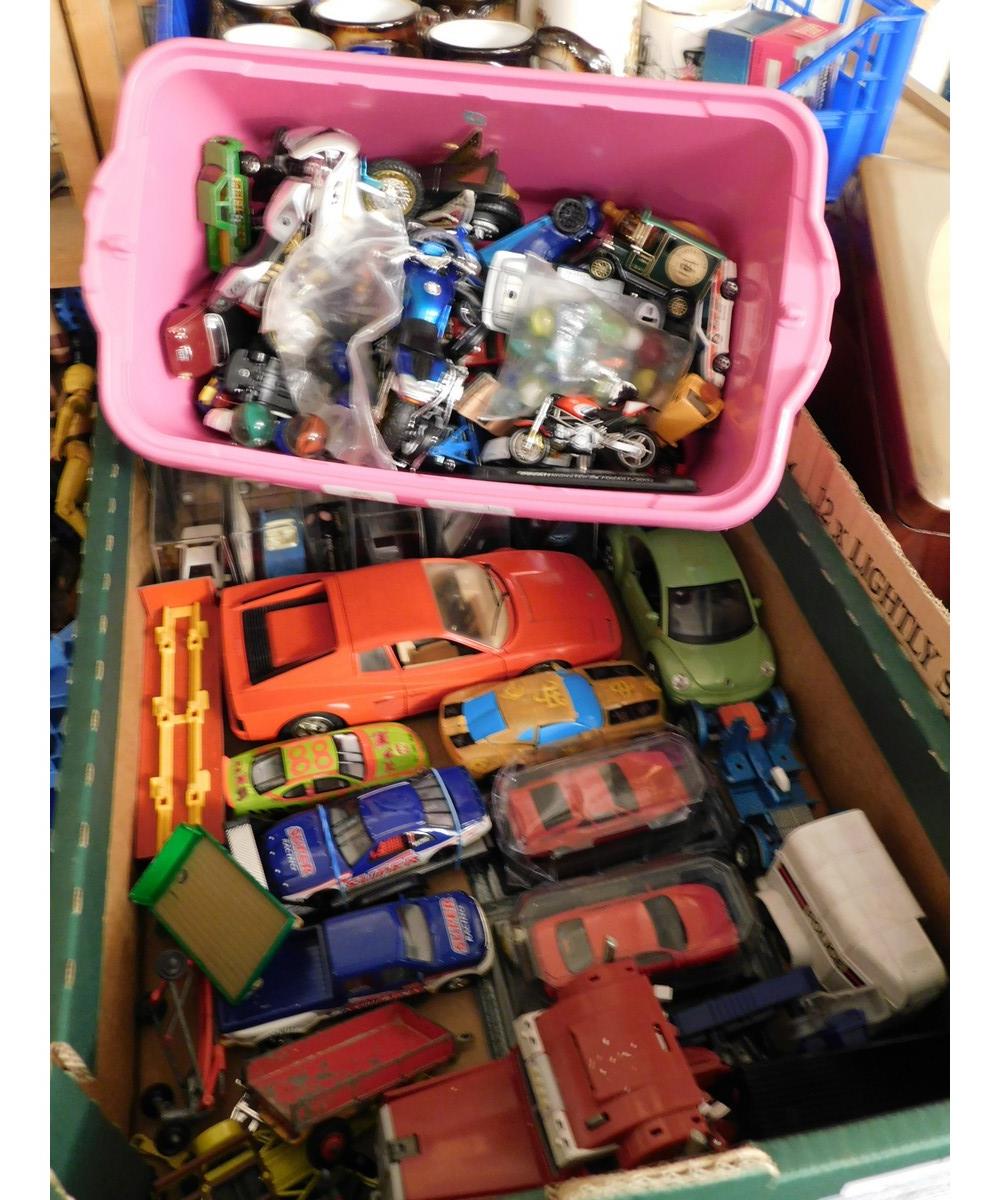 TWO BOXES CONTAINING MIXED DIE-CAST TOY VEHICLES, BOXED VEHICLES (PLAY WORN)