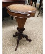VICTORIAN WALNUT HEXAGONAL TOP WORK OR SEWING BOX WITH COMPARTMENTALISED INTERIOR ON A CARVED TRIPOD