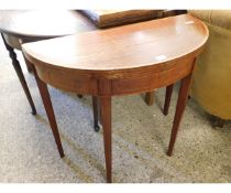 EDWARDIAN MAHOGANY AND SATINWOOD DEMI-LUNE FOLD OVER CARD TABLE ON TAPERING SQUARE LEGS WITH