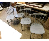 FOUR SILVER PAINTED HARD SEATED STICK BACK KITCHEN CHAIRS