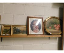 PAIR OF GILT FRAMED PRINTS OF COUNTRY SCENES TOGETHER WITH A FURTHER PORTRAIT PRINT AND A CIRCULAR