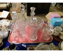 TRAY CONTAINING MIXED CUT GLASS VASES, DECANTERS ETC