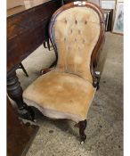 19TH CENTURY MAHOGANY SPOON BACK NURSING CHAIR WITH YELLOW DRALON UPHOLSTERED SEAT AND BUTTON BACK