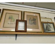 TWO GILT FRAMED PRINTS TOGETHER WITH A FURTHER SMALL FRAMED WATERCOLOUR, PRINT OF BUTTERFLIES ETC (