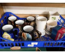 TRAY CONTAINING YARMOUTH POTTERY TANKARDS, MUGS ETC