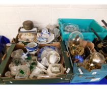 FOUR BOXES OF MIXED GLASS WARE, ANNIVERSARY CLOCKS, PART CHINA WARES ETC (4)