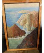 EXTREMELY LARGE PINE FRAMED OIL OF A ROCKY COASTAL SCENE