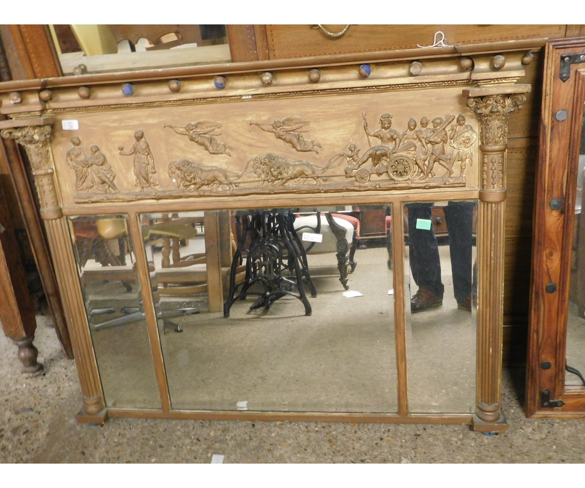 GOOD QUALITY TRIPLE OVER MANTEL MIRROR WITH RAISED SCENES OF A CHARIOT WITH CORINTHIAN COLUMNS