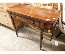19TH CENTURY MAHOGANY FOLD-OVER TEA TABLE ON TURNED LEGS WITH SINGLE DRAWER WITH TURNED KNOB HANDLES