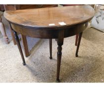 OAK FRAMED DEMI-LUNE FOLD OVER CARD TABLE WITH GREEN BAIZE LINED INTERIOR ON FOUR TURNED LEGS