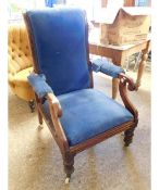 VICTORIAN MAHOGANY ADJUSTABLE READING ARMCHAIR WITH BLUE DRALON UPHOLSTERED SEAT, BACK AND ARMS