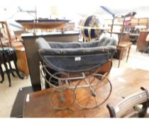 VICTORIAN DOLLS PRAM WITH LEATHER UPHOLSTERED INTERIOR