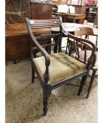 19TH CENTURY MAHOGANY ARMCHAIR WITH BAR BACK AND DROP IN SEAT SUPPORTED BY AN 'X' STRETCHER