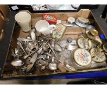 BOX OF MIXED SILVER PLATED FLATWARES, PART DRESSING TABLE SET ETC