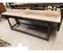 MID-18TH CENTURY OAK FRAMED SMALL PROPORTIONED REFECTORY TABLE WITH THREE PLANK TOP ON TURNED