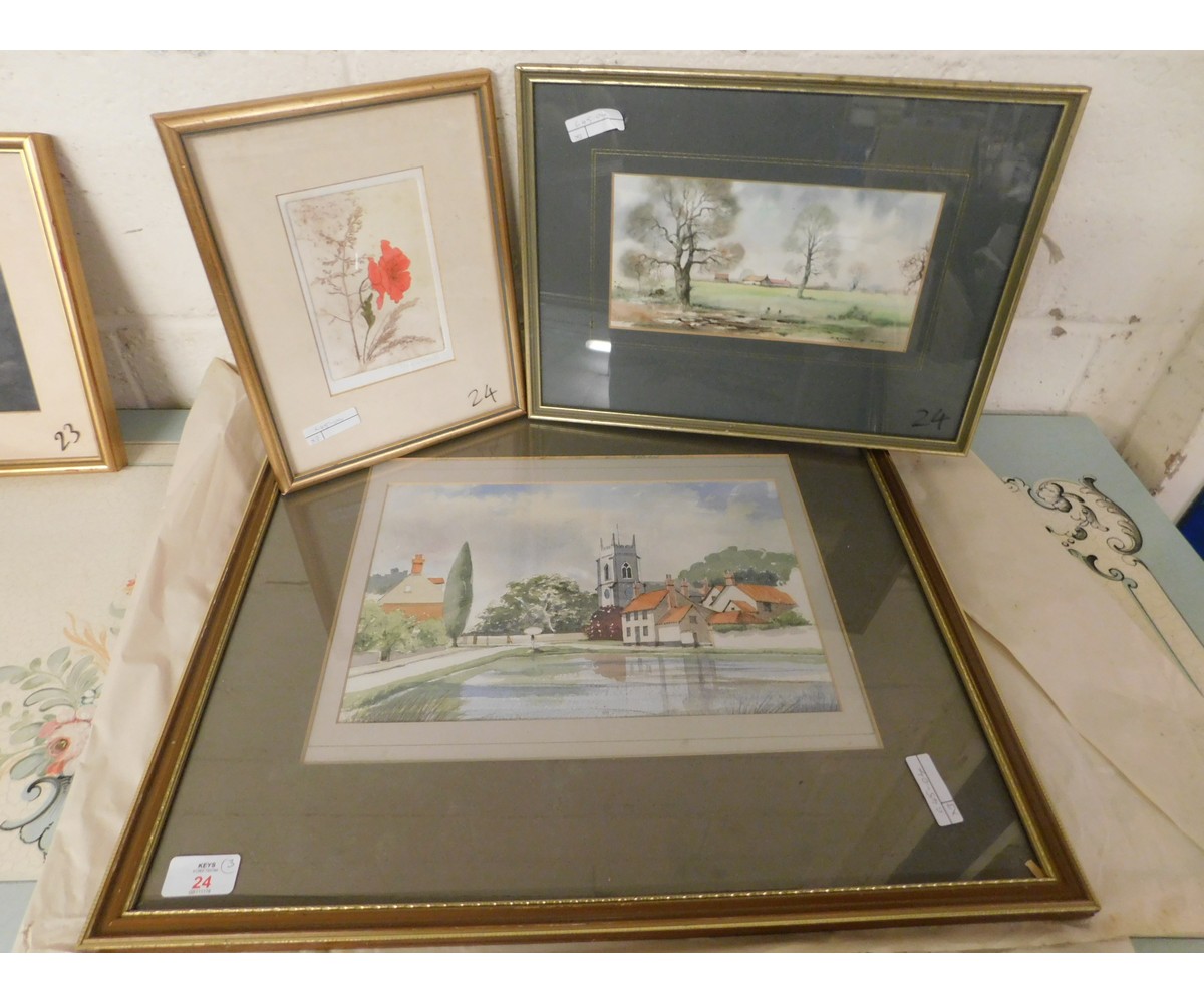 FRAMED JUDY BALL POPPY PICTURE, A BRIAN DAY WATERCOLOUR AND FURTHER WATERCOLOUR OF A VILLAGE